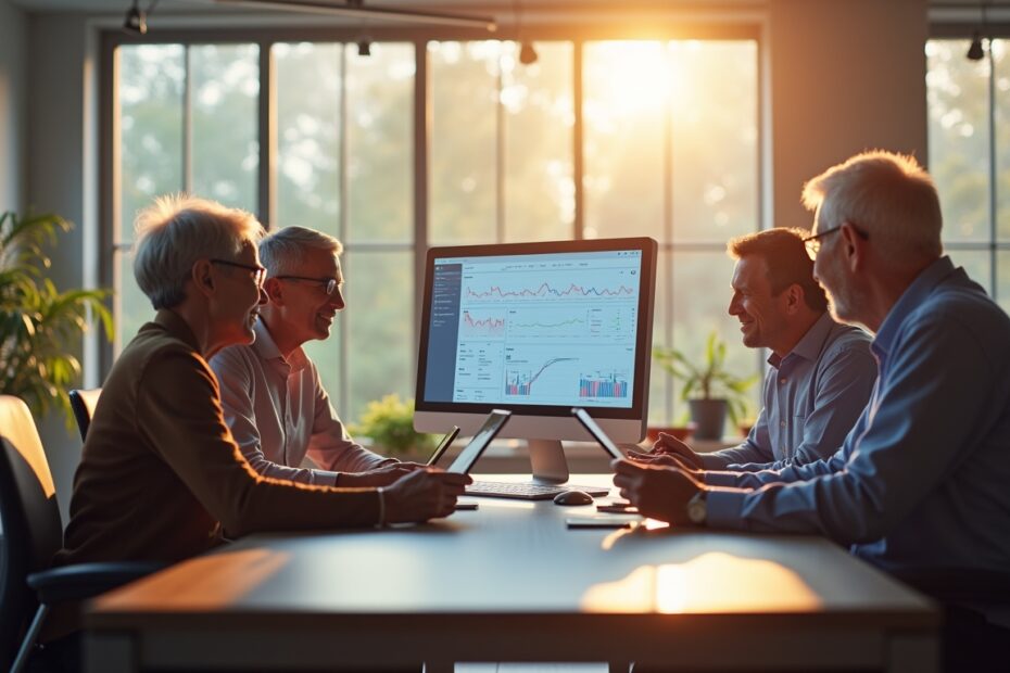 Seniors using ChatGPT in a futuristic office setting for financial planning.