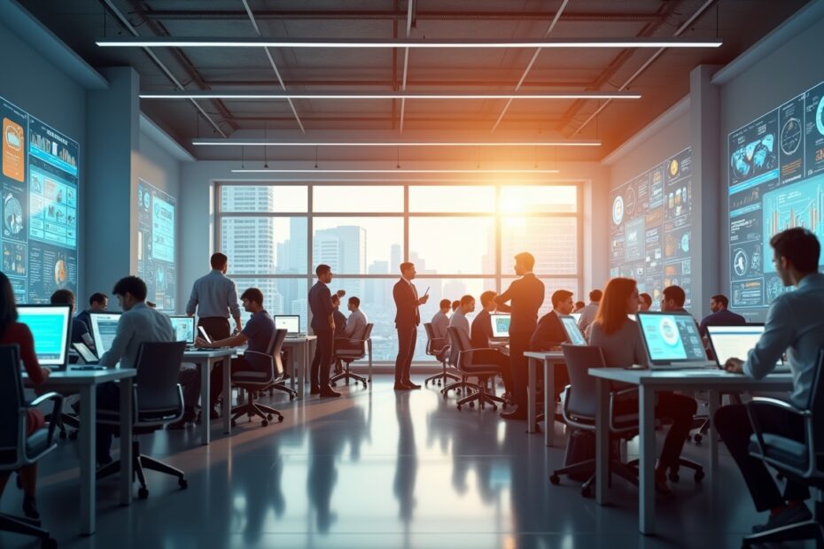 A modern office with AI tools in action across interactive dashboards and holograms.