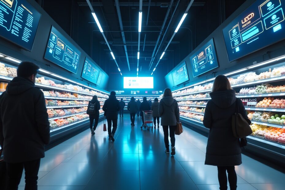 A futuristic supermarket with AI shopping carts and digital displays showcasing deals in real time.