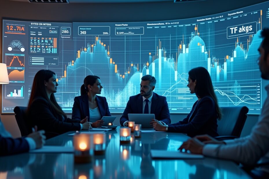 Futuristic financial analysis setting with AI interfaces and ETF graphs.