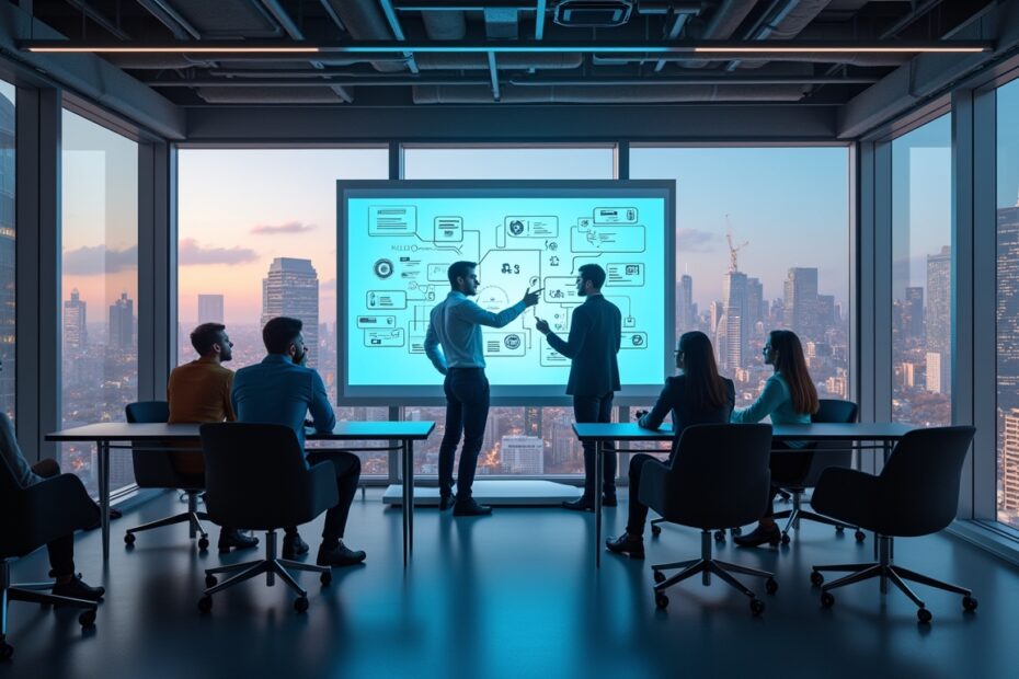 Futuristic diverse office setting with professionals collaborating around an AI-driven whiteboard.