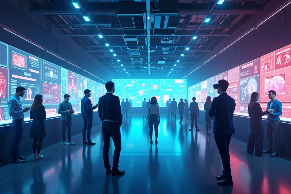 A futuristic job fair scene showing candidates interfacing with AI technology.