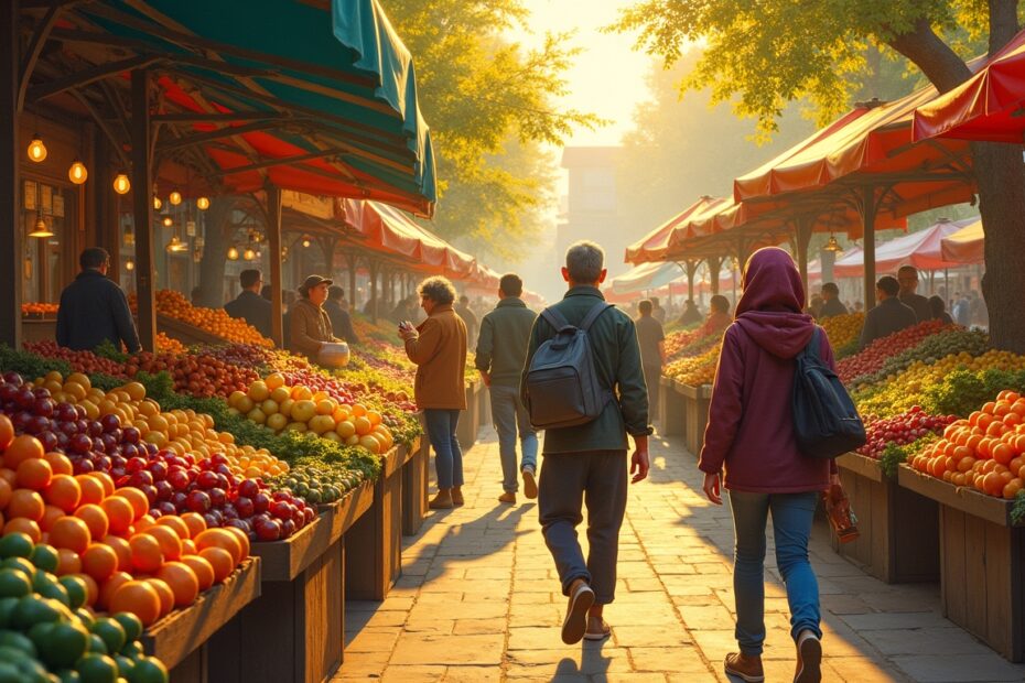 A sunset-lit farmers market with colourful stalls and diverse customers exploring fresh produce.