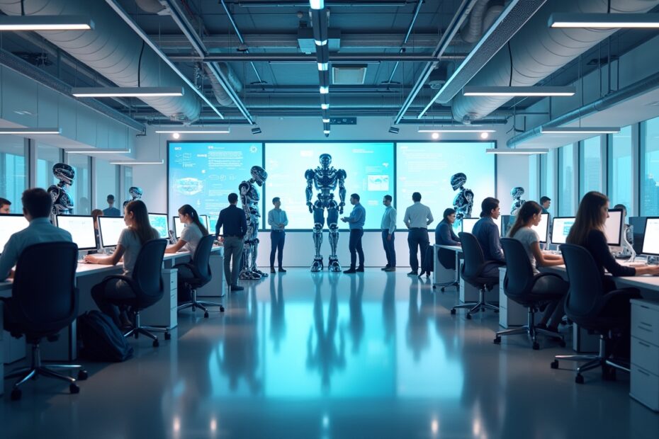 Futuristic office with human workers and AI machines collaborating.