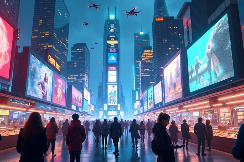 A bustling neon-lit city with high-tech skyscrapers and diverse characters, capturing the essence of futuristic AI-driven life.