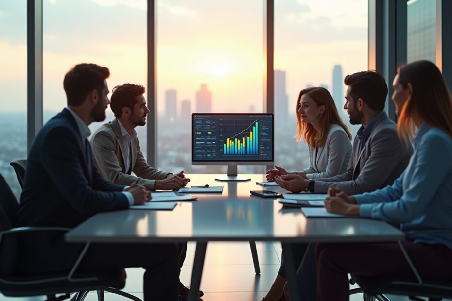 A diverse group of professionals planning retirement investments in a modern office setting.