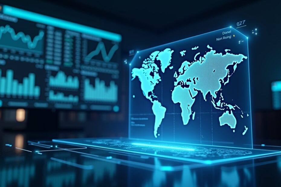 Futuristic AI-driven financial advising tool interface showing global market trends and ETFs.