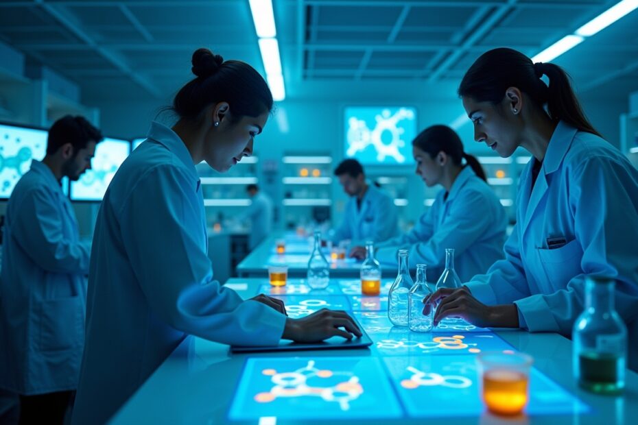 Futuristic laboratory showcasing AI-driven drug discovery with scientists and digital interfaces.