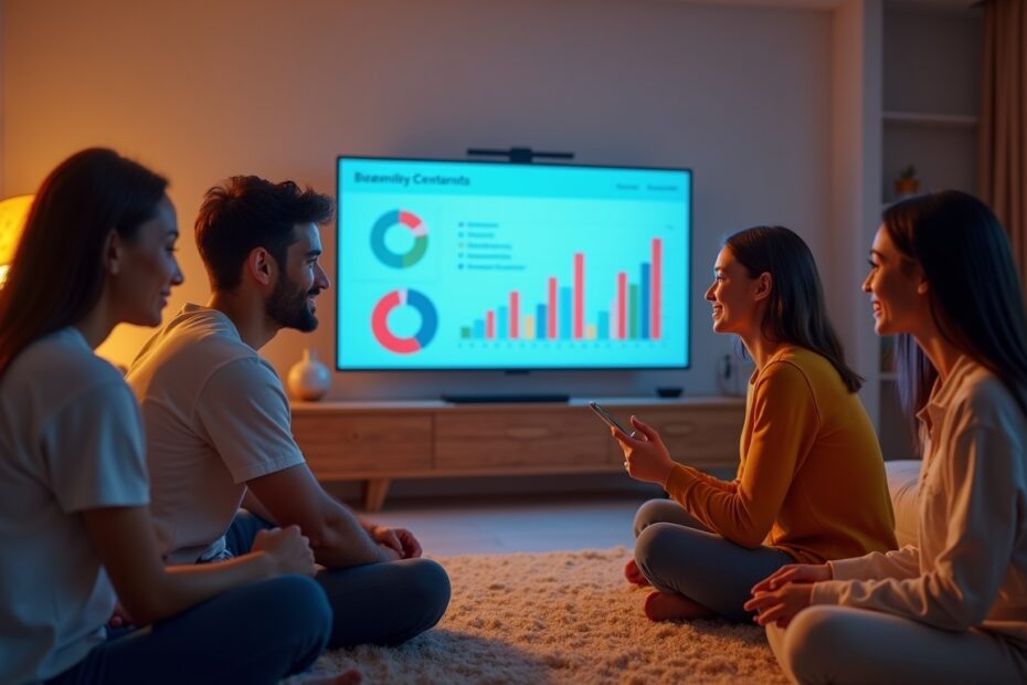 A family in a living room using a smart display for budget management.