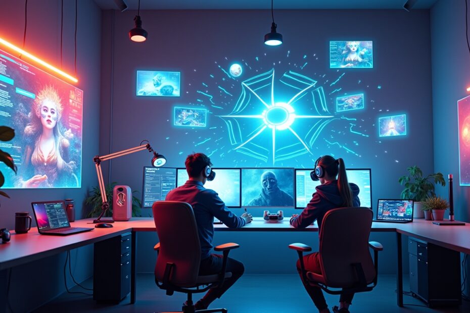 Futuristic video game design studio vibrant with cutting-edge technology and AI development.
