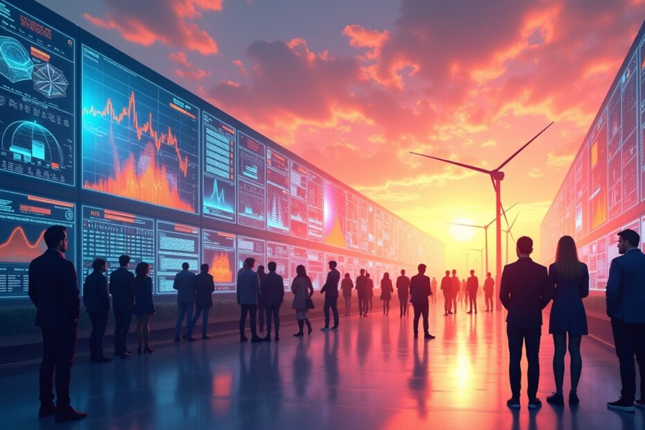 A dynamic energy market with AI and diverse consumers interacting with digital tools.