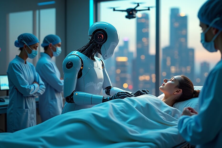 A humanoid robot conducting surgery in a futuristic city setting.