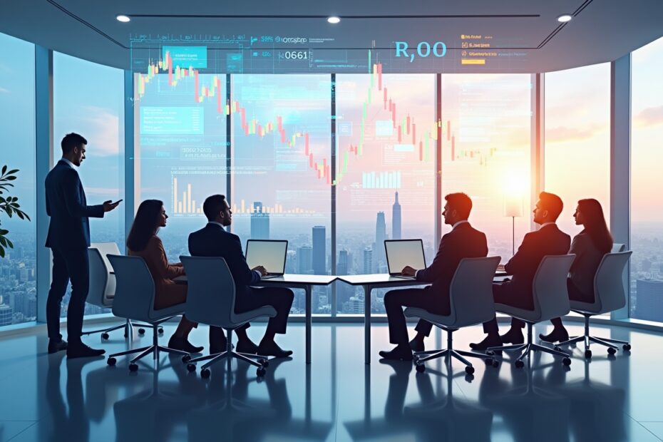 Professionals analyzing financial graphs for portfolio management in a modern office setting.