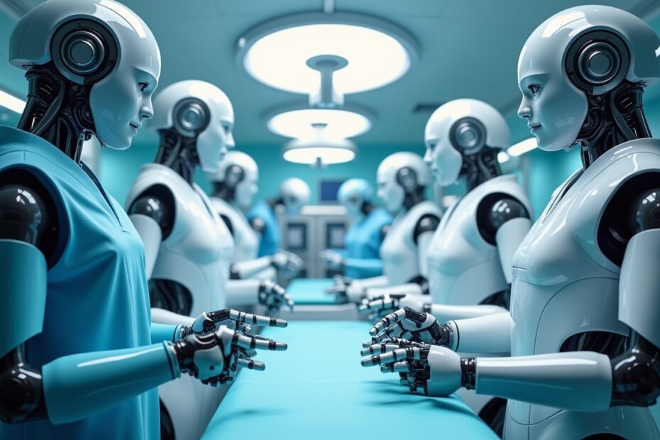 Diverse healthcare robots assisting doctors in a futuristic surgical theatre.