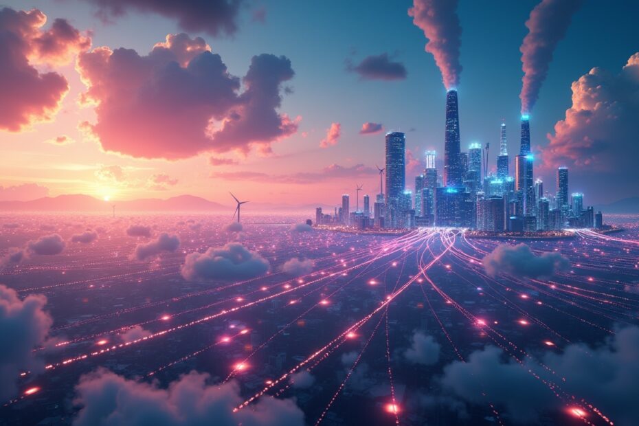Abstract interpretation of AI's energy consumption through a sprawling neural network and diverse power sources.