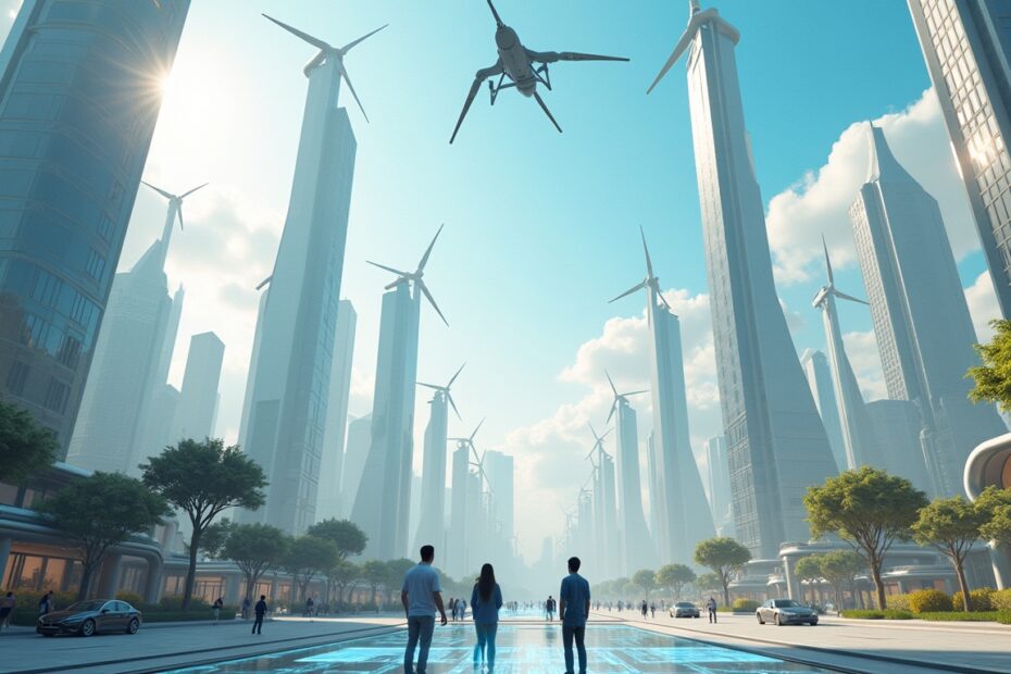 Futuristic city powered by renewable energy with AI advancements displayed.