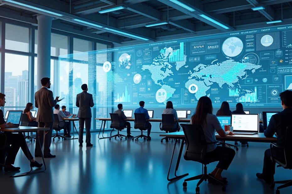 A diverse team working with advanced AI tools in a high-tech future office.