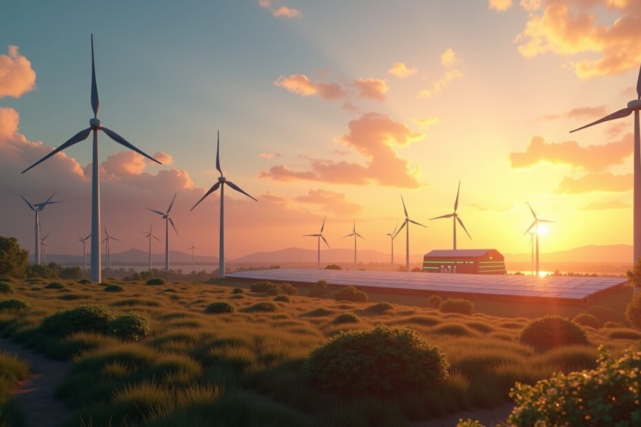 Wind turbines and solar panels showcasing renewable energy integration for AI.