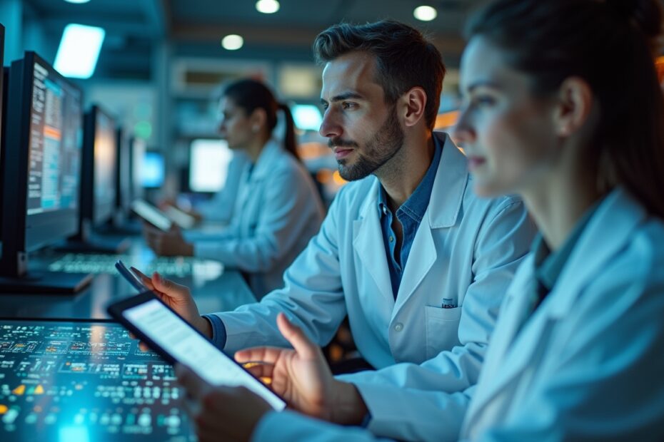 Futuristic lab with scientists and AI-driven displays showcasing drug repurposing.