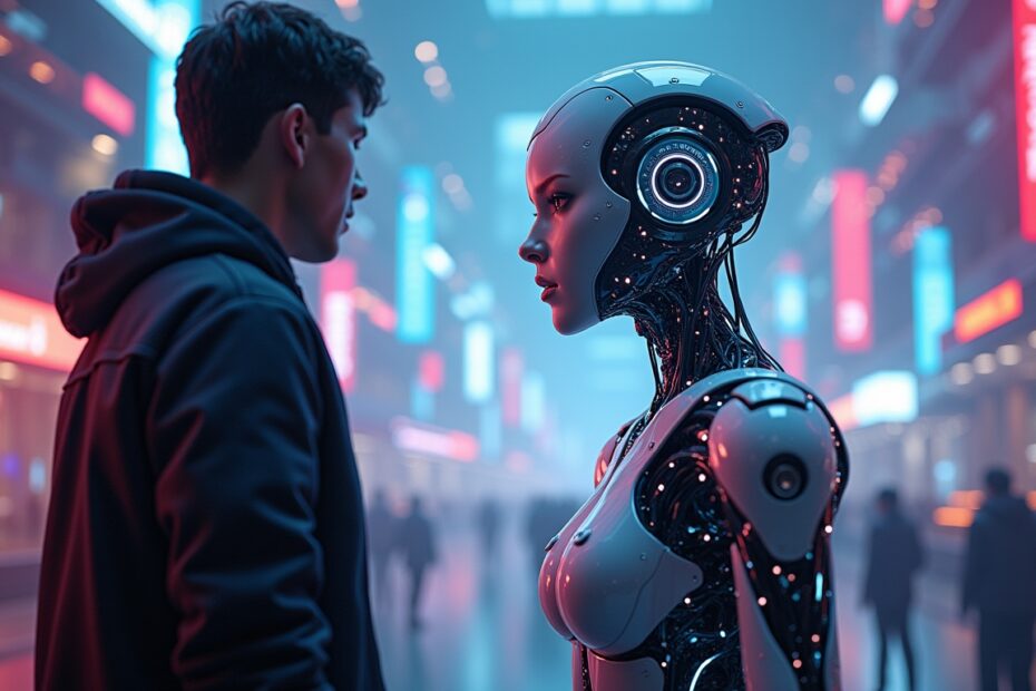 An advanced AI opponent in a neon-lit gaming arena challenging a player.