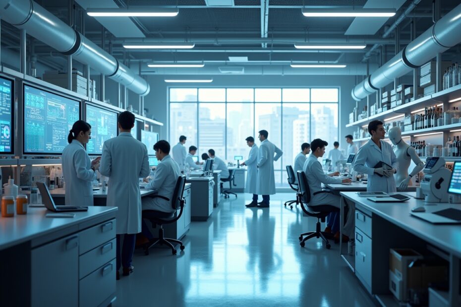 Futuristic laboratory scene depicting AI robots assisting scientists with clinical trials, emphasizing innovation and collaboration.