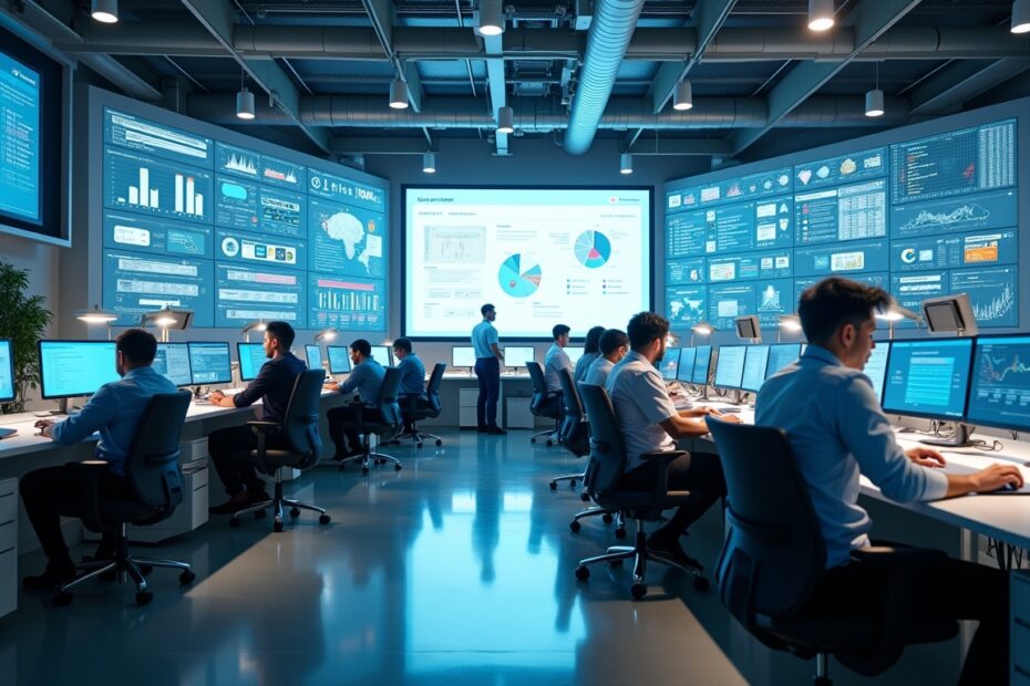 Futuristic office showcasing AI automation tools with diverse staff collaborating.