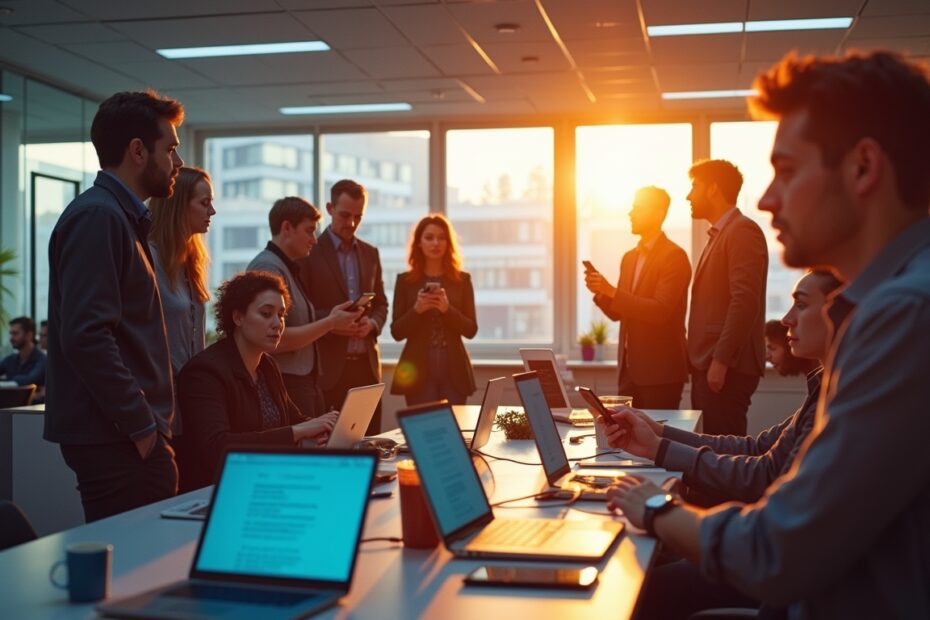 A modern London office with professionals using speech-to-text technology.