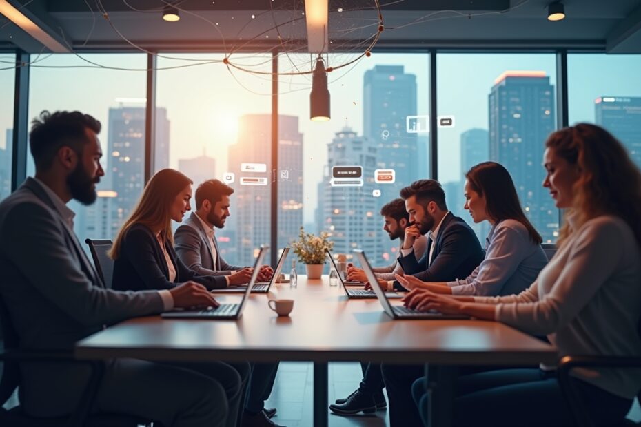 A vibrant office showcasing diverse people using voice-to-text apps.