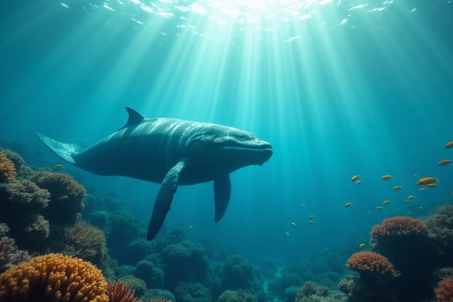 An underwater scene with a humpback whale, coral reefs, and tropical fish.