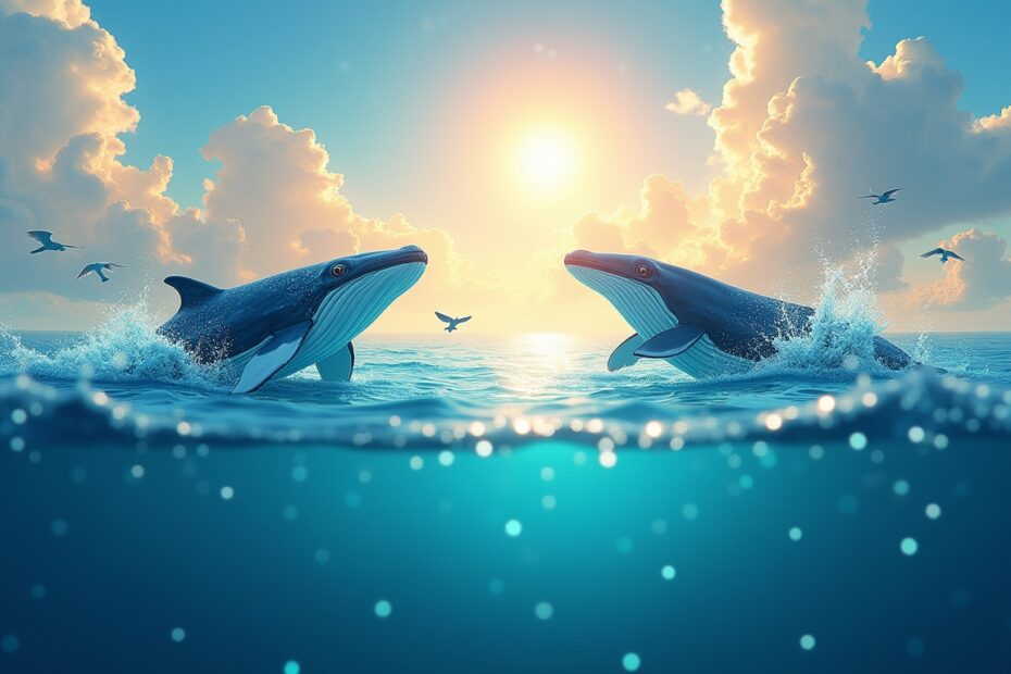 A digital artwork depicting birds transforming into whales, symbolising the adaptation of AI from bird to whale conservation.
