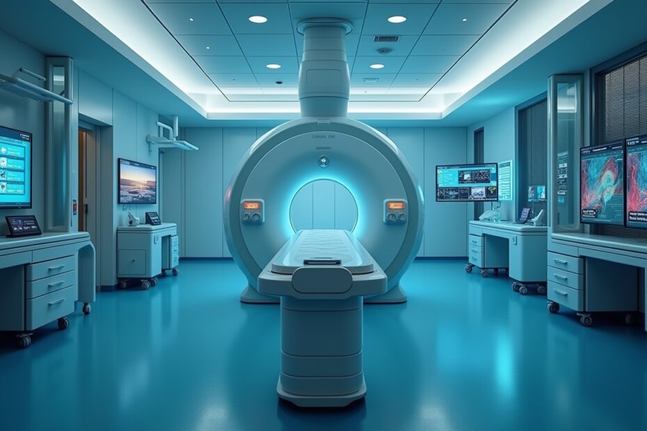 A futuristic hospital room showcasing a high-tech MRI machine and AI diagnostics in a calm ambiance.