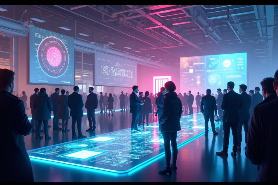 A dynamic scene of a French tech conference showcasing AI partnerships and cutting-edge innovations with diverse attendees.