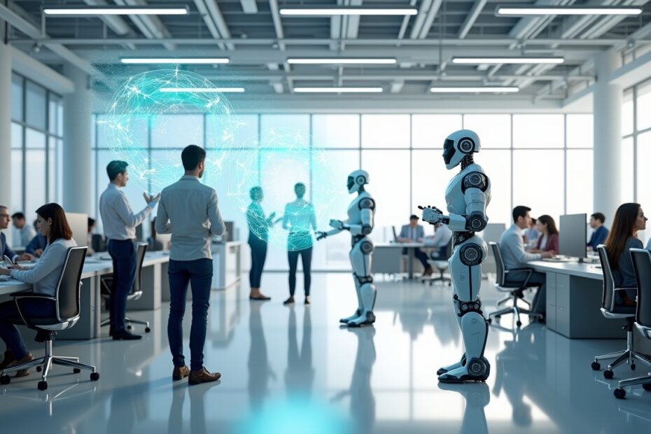 Modern office space with diverse employees collaborating with AI robots.