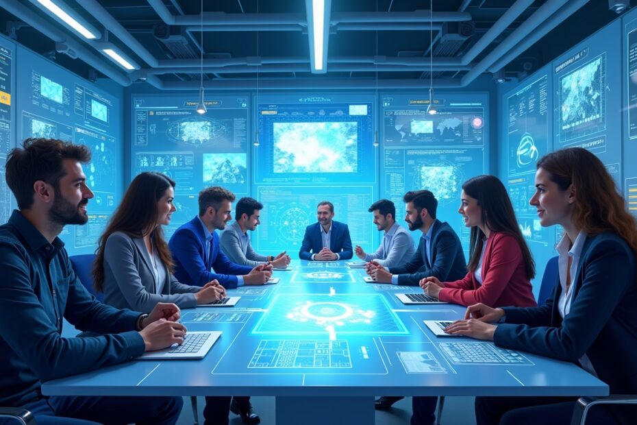 Diverse French entrepreneurs collaborating in a modern tech hub, surrounded by AI devices.