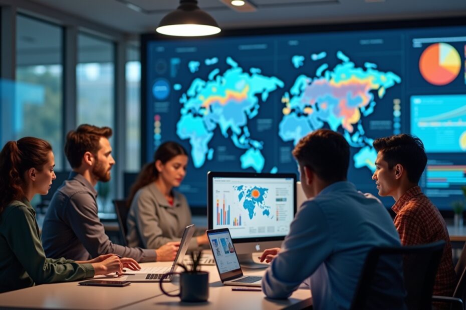 A diverse office scene with people collaborating using AI technology.