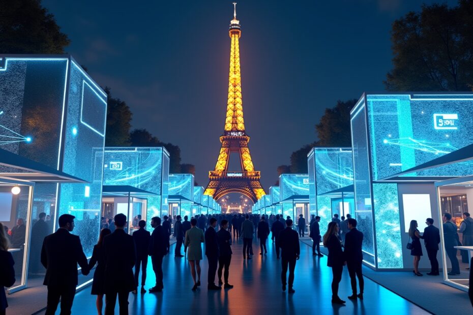 Futuristic tech conference in Paris showcasing AI innovations with the Eiffel Tower in the background.