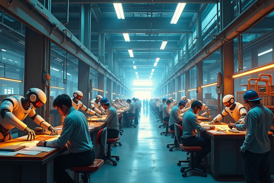 A futuristic factory environment showcasing robots and humans working together.