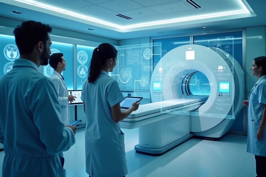 Futuristic MRI room showing AI technology in action with doctors engaging.