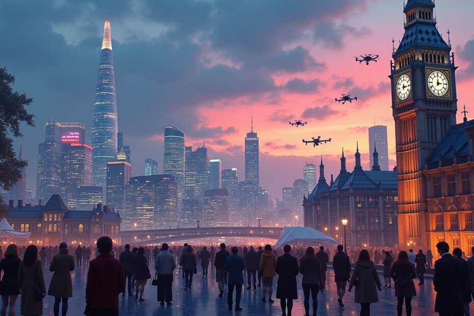 A vibrant futuristic London cityscape blending tradition with cutting-edge technology.