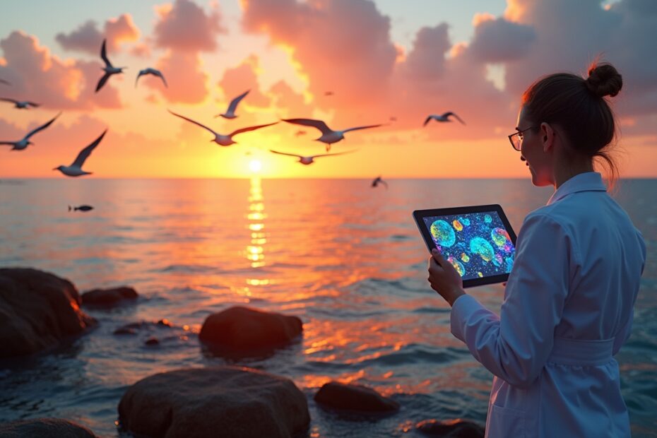 Scientist on a rocky beach at sunset, holding a tablet with diagrams, with birds and fish in the background depicting cross-domain AI research.