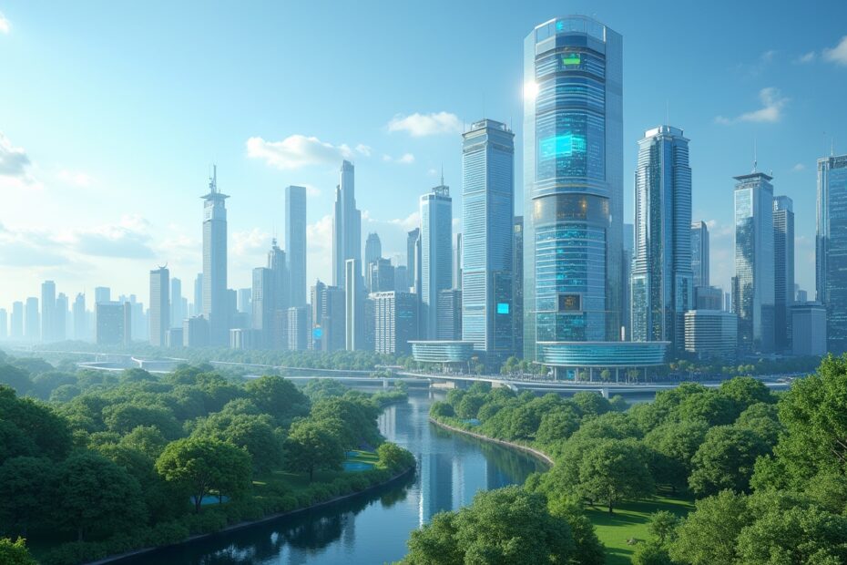 Futuristic urban skyline with sustainable buildings and green spaces, representing AI's impact on architecture.