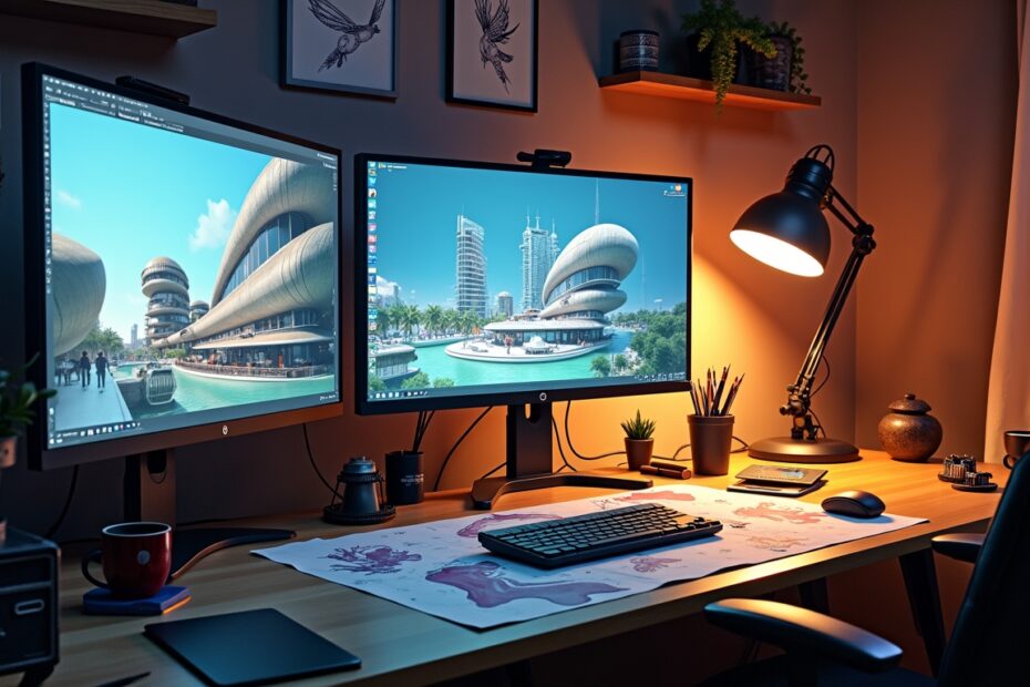 Artist workspace with AI-powered 3D modelling tools and drawings.