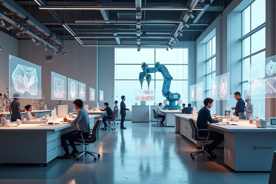 Futuristic design studio with robotic arms working on AI-generated 3D prints.