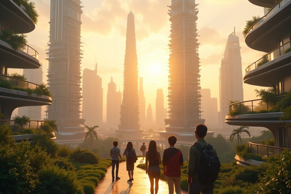Futuristic cityscape with innovative, AI-inspired architecture surrounded by nature.