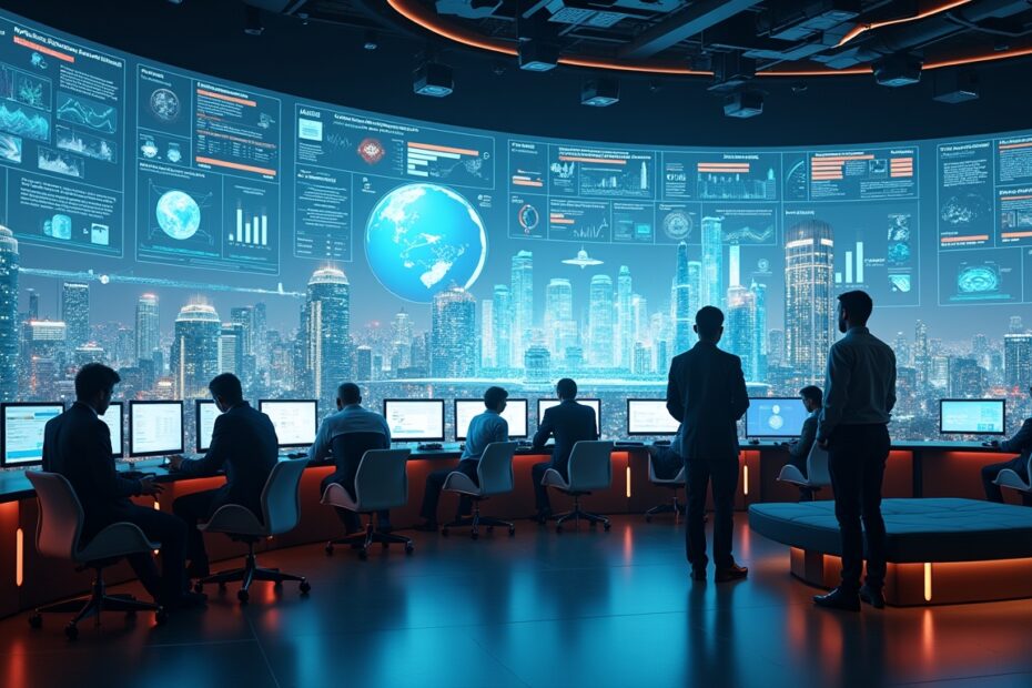 A high-tech AI control centre overlooking a futuristic cityscape with advanced displays and holographic data.