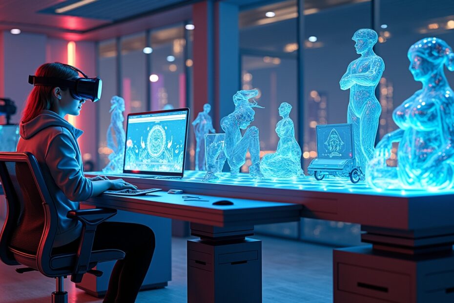 Futuristic digital artist studio showcasing AI assistance in 3D modelling.