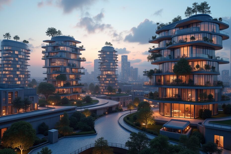 Futuristic UK cityscape featuring AI-driven architectural designs, energy-efficient buildings, and urban greenery.