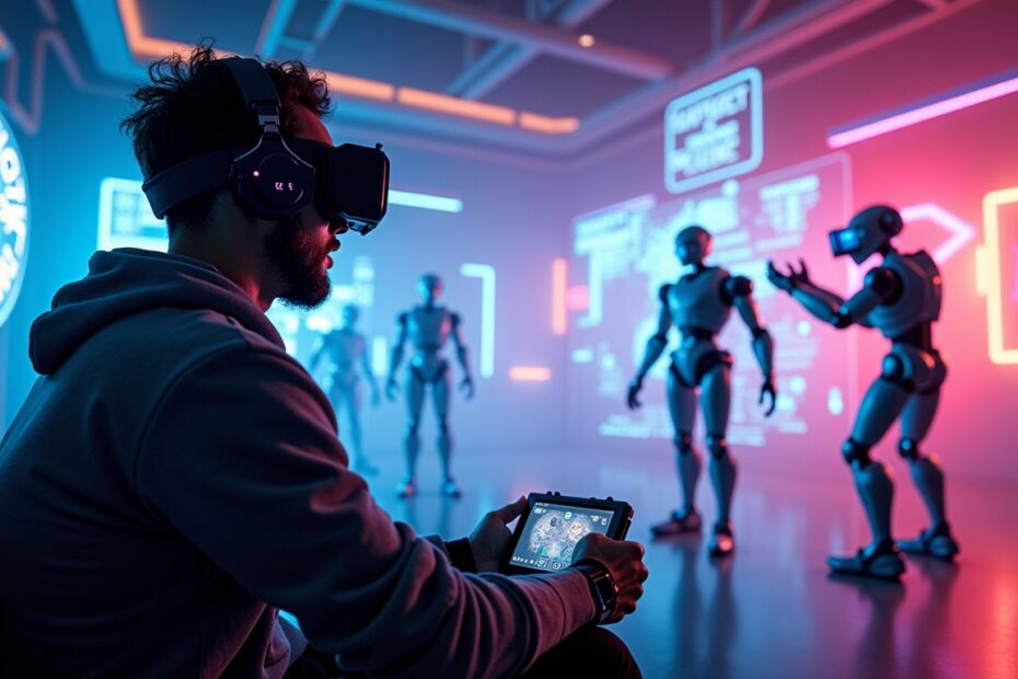 A futuristic gaming setup showcasing AI opponents and virtual reality.