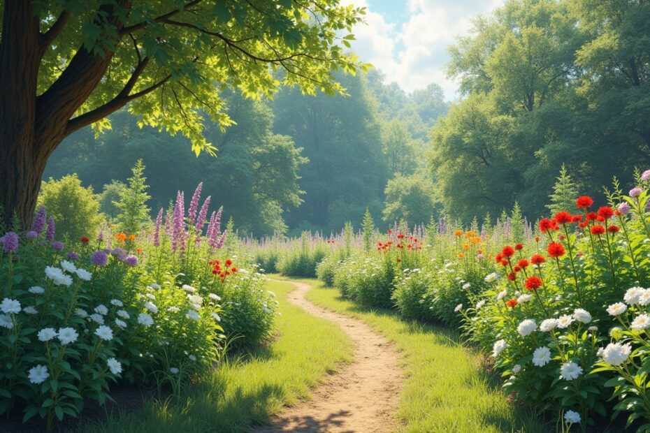 A vibrant vegetable garden scene with lush, blooming vegetable beds, crafted in a style reminiscent of Claude Monet.