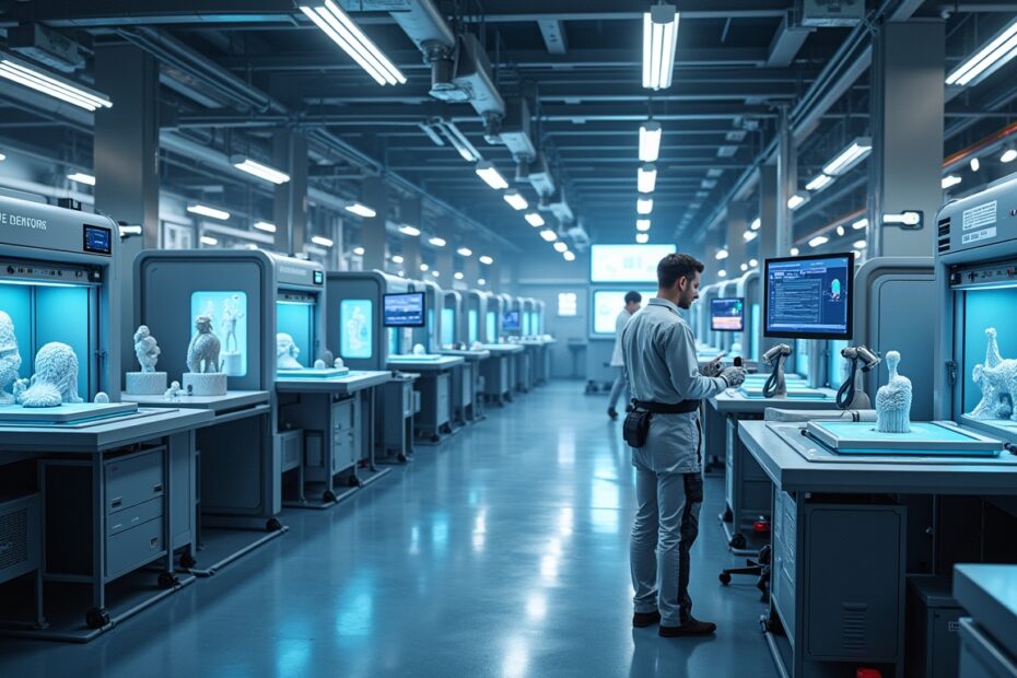 Futuristic manufacturing facility with 3D printers creating models from AI-generated STL files.